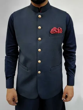 Nabeel & Aqeel Men Waist Coat Navy Weaved Golden Antique Button NWCB0083